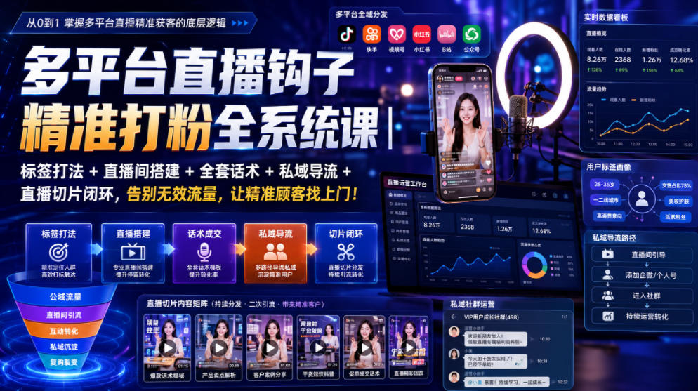 多平台直播钩子精准打粉全系统课|标签打法+直播间搭建+全套话术+私域导流+直播切片闭环,告别无效流量,让精准顾客找上门!-优优云网创