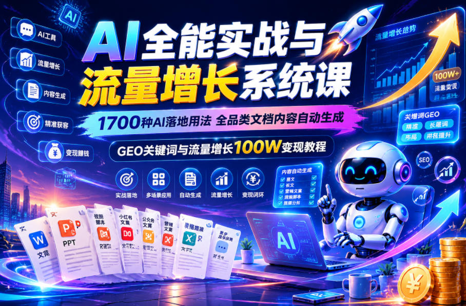 AI全能实战与流量增长系统课,1700种AI落地用法,全品类文档内容自动生成,GEO关键词与流量增长100W变现教程-优优云网创