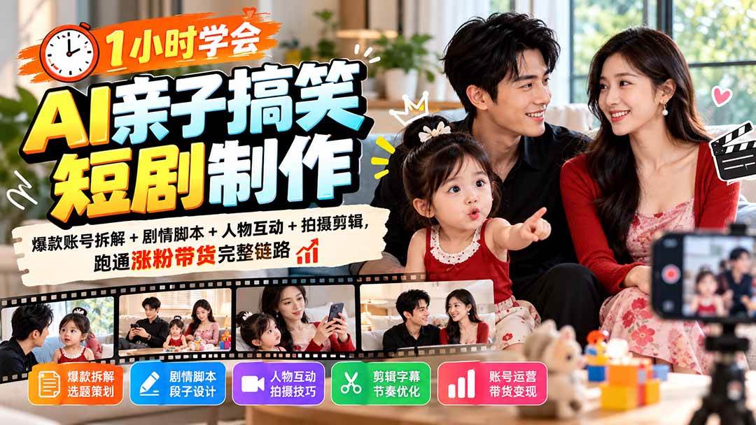 （20807期）1小时学会AI亲子搞笑短剧制作：爆款账号拆解+剧情脚本+人物互动+拍摄剪辑，跑通涨粉带货完整链路-优优云网创-中创网