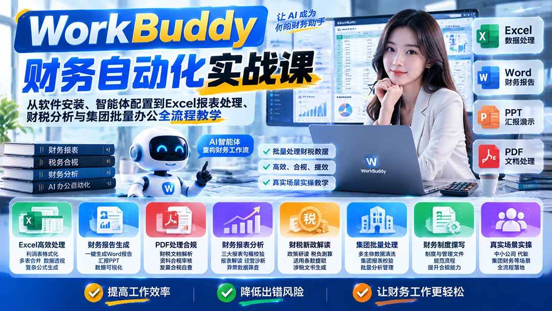 (21131期)WorkBuddy财务自动化实战课:从软件安装、智能体配置到Excel报表处理、财税分析与集团批量办公全流程教学-优优云网创-中创网