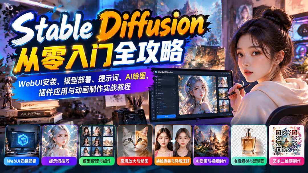 （21062期）Stable Diffusion从零入门全攻略：WebUI安装、模型部署、提示词、AI绘图、插件应用与动画制作实战教程-优优云网创-中创网