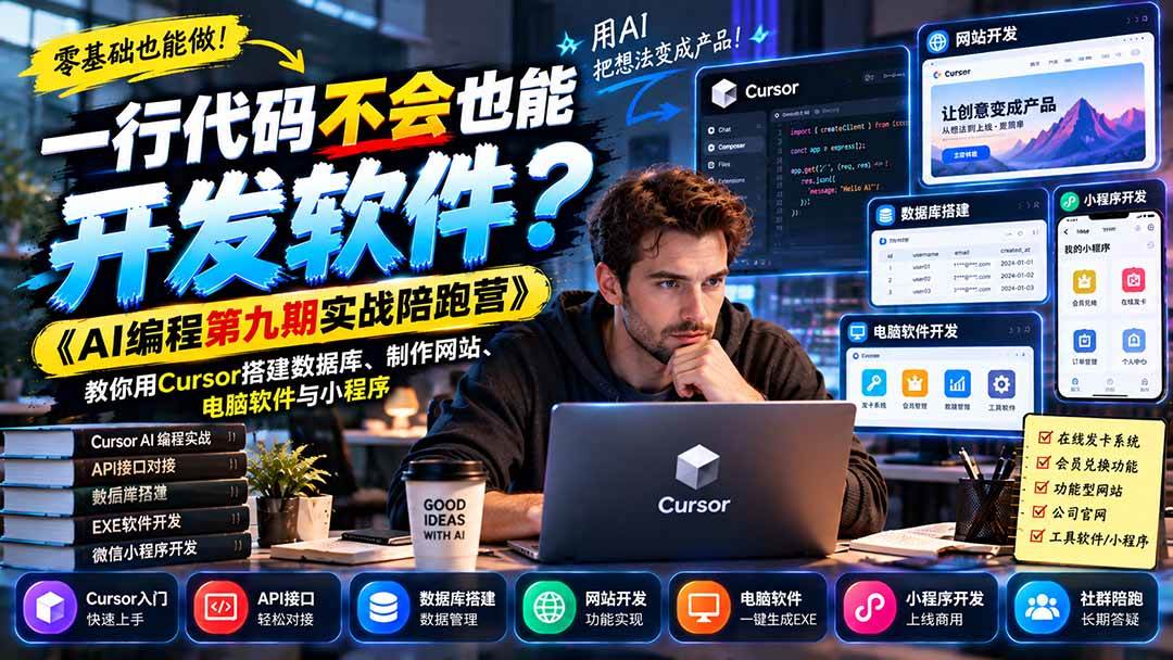 （21146期）一行代码不会也能开发软件？《AI编程第九期实战陪跑营》教你用Cursor搭建数据库、制作网站、电脑软件与小程序