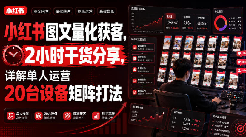 小红书图文量化获客,2小时干货分享,详解单人运营20台设备矩阵打法-优优云网创