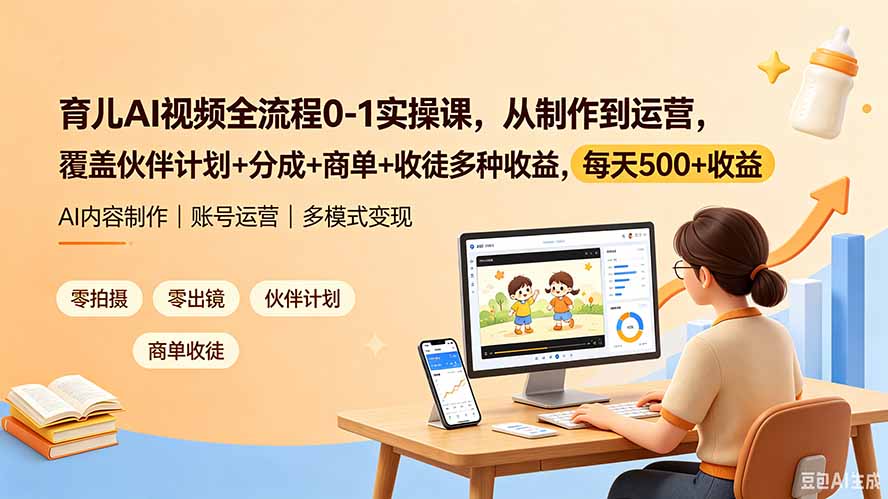 育儿AI视频全流程0-1实操课，从制作到运营，覆盖伙伴计划+分成+商单+收徒多种收益，每天500+收益-优优云网创