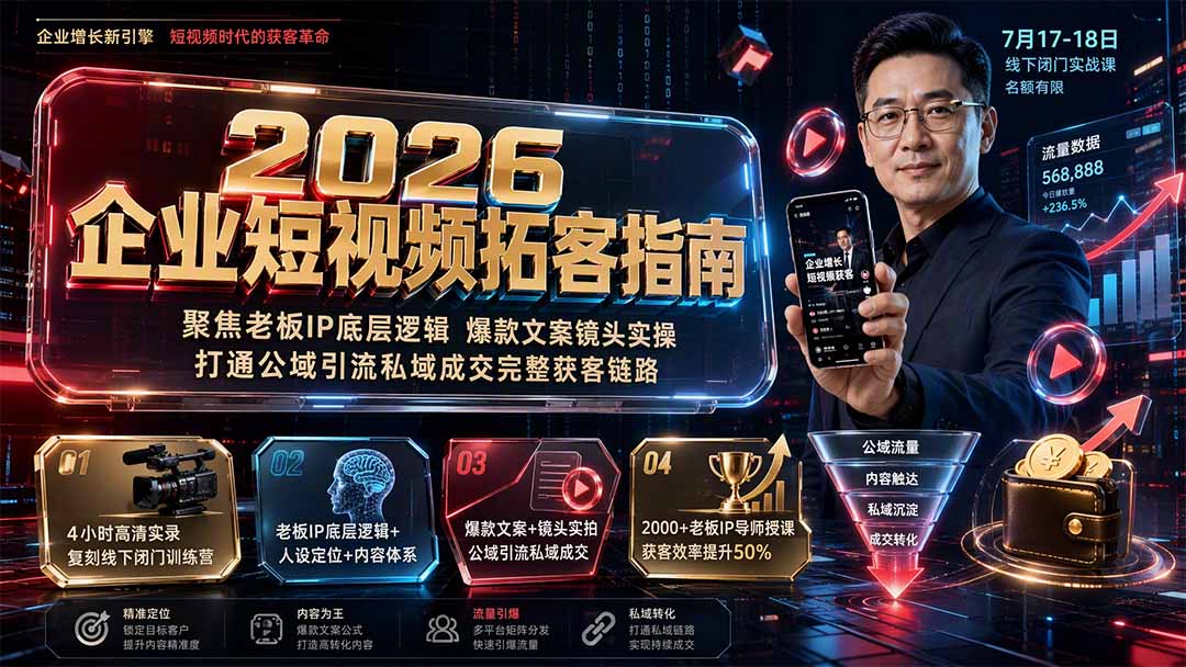 2026企业短视频拓客指南:聚焦老板IP底层逻辑,爆款文案镜头实操,打通公域引流私域成交完整获客链路-优优云网创