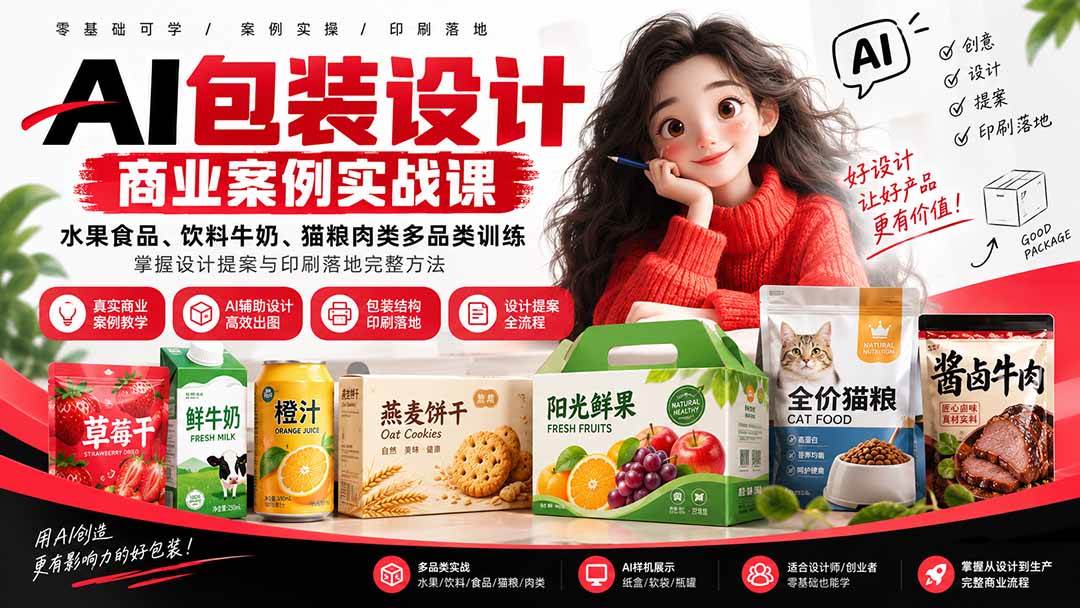 （20387期）AI包装设计商业案例实战课：水果食品、饮料牛奶、猫粮肉类多品类训练，掌握设计提案与印刷落地完整方法-优优云网创-中创网