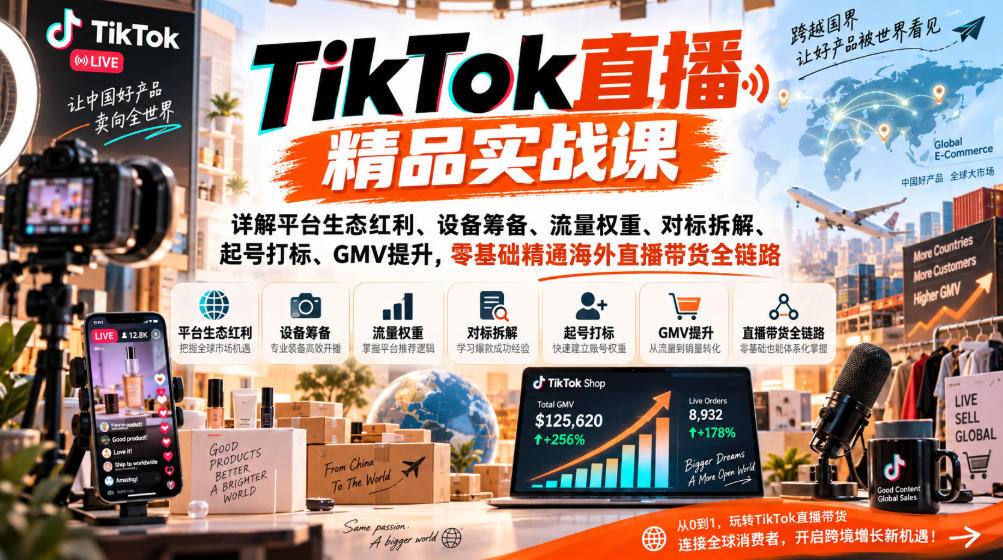 TikTok直播精品实战课,详解平台生态红利、设备筹备、流量权重、对标拆解、起号打标、GMV提升,零基础精通海外直播带货全链路-优优云网创-中创网