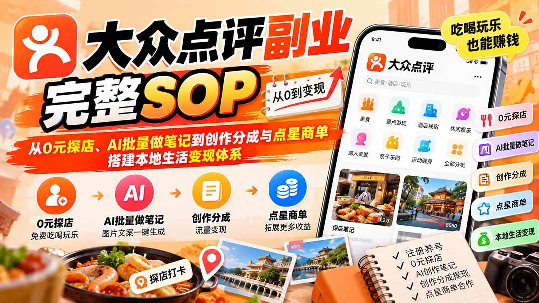 (20638期)【无水印】大众点评副业完整SOP:从0元探店、AI批量做笔记到创作分成与点星商单,搭建本地生活变现体系 (20638期)【无水印】大众点评副业完整SOP:从0元探店、AI批量做笔记到创作分成与点星商单,搭建本地生活变现体系
