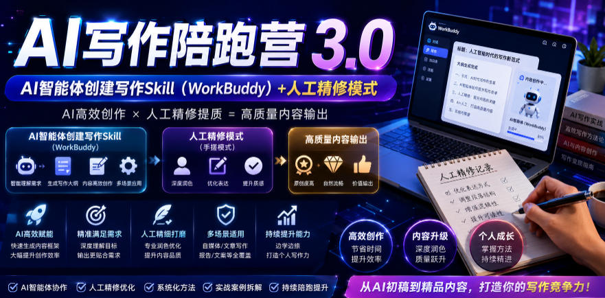 AI写作陪跑营3.0，Ai智能体创建写作skill(workbuddy)+人工手写模式(手搓模式)，去除AI痕迹(头条号、公众号、百家号)(更新0814)-优优云网创