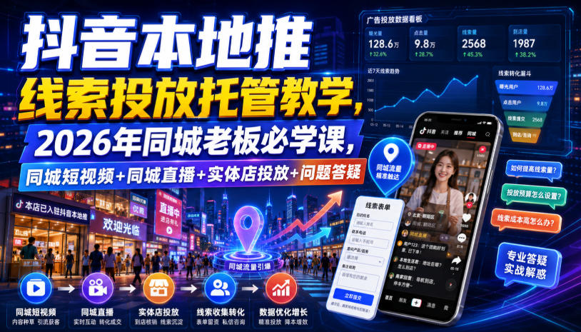 抖音本地推线索投放托管教学,2026年同城老板必学课,同城短视频+同城直播+实体店投放+问题答疑-优优云网创