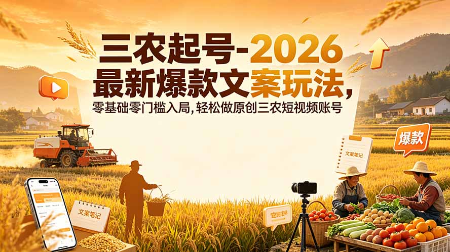 三农起号-2026 最新爆款文案玩法,零基础零门槛入局,轻松做原创三农短视频账号-优优云网创