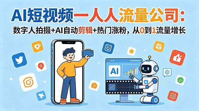 （18864期）AI短视频一人流量公司：数字人拍摄+AI自动剪辑+热门涨粉，从0到1流量增长-优优云网创