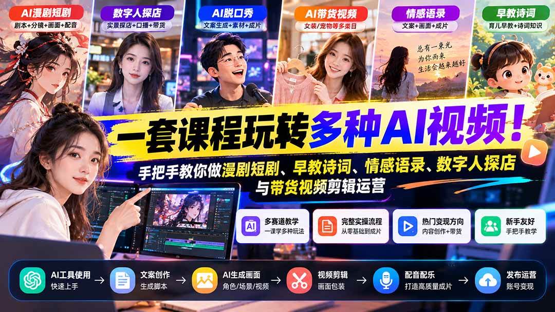 (21271期)【无水印】一套课程玩转多种AI视频!手把手教你做漫剧短剧、早教诗词、情感语录、数字人探店与带货视频剪辑运营-优优云网创-中创网