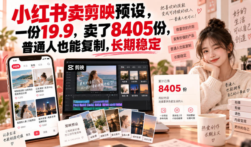 小红书卖剪映预设，一份19.9，卖了8405份，普通人也能复制，长期稳定-优优云网创-中创网
