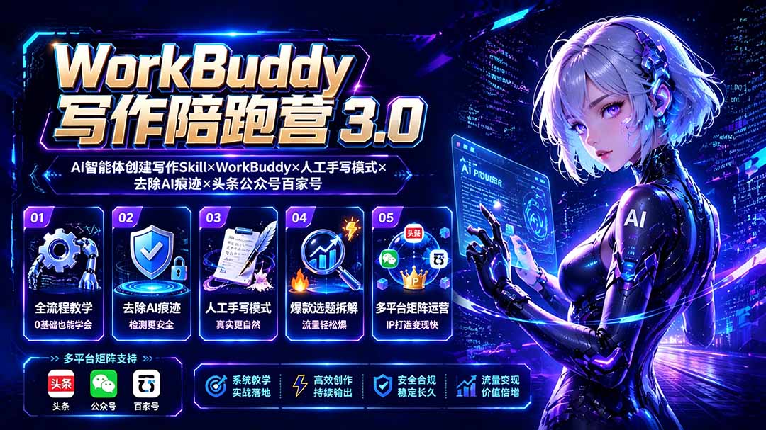 WorkBuddy写作陪跑营3.0-更新:Ai智能体创建写作Skill×WorkBuddy×人工手写模式×去除AI痕迹×头条公众号百家号-优优云网创