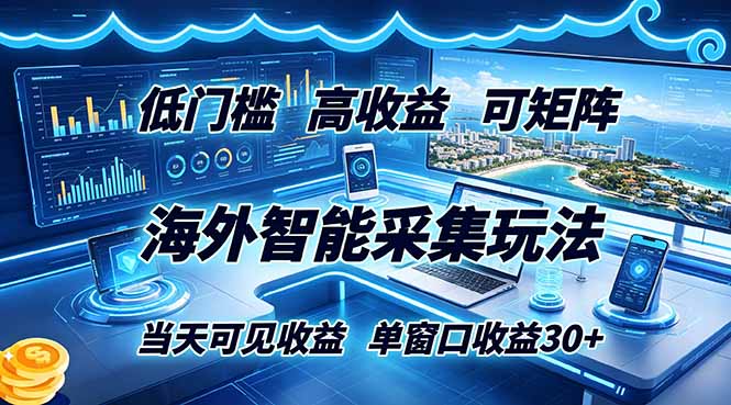 海外智能采集玩法,低门槛高单价可矩阵,当天可见收益,单窗口30+-优优云网创