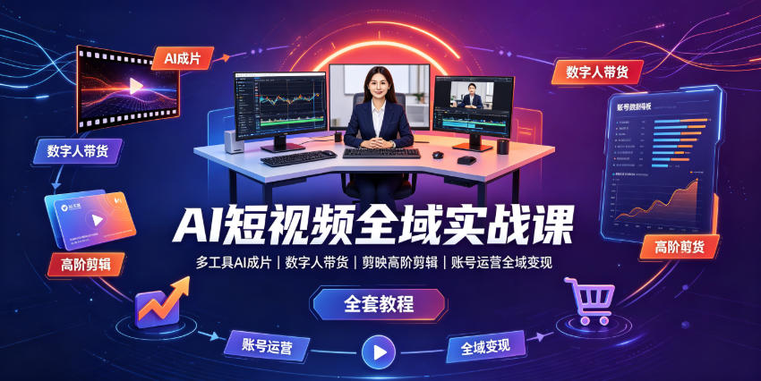 AI短视频全域实战课|多工具AI成片、数字人带货、剪映高阶剪辑、账号运营全域变现全套教程-优优云网创
