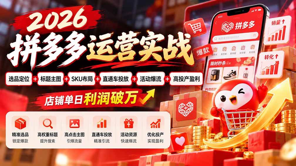 (20778期)2026拼多多运营实战-更新1002:选品定位+标题主图+SKU布局+直通车投放+活动爆流+高投产盈利 店铺单日利润破万-优优云网创-中创网