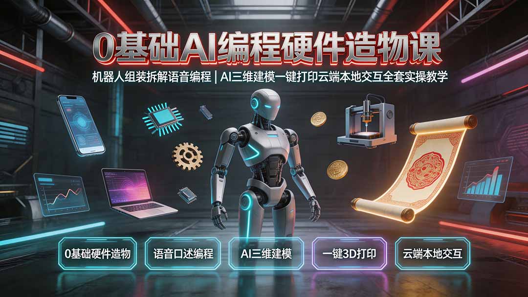 0基础AI编程硬件造物课|机器人组装拆解语音编程,AI三维建模一键打印云端本地交互全套实操教学-优优云网创