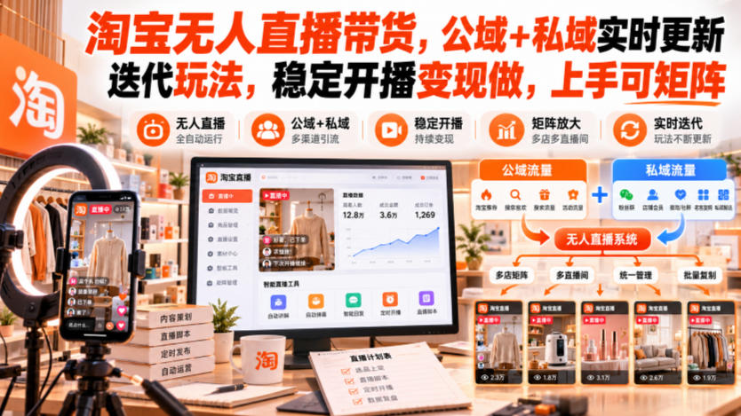 淘宝无人直播带货,公域+私域实时更新迭代玩法,稳定开播变现做,上手可矩阵【揭秘】-优优云网创-中创网