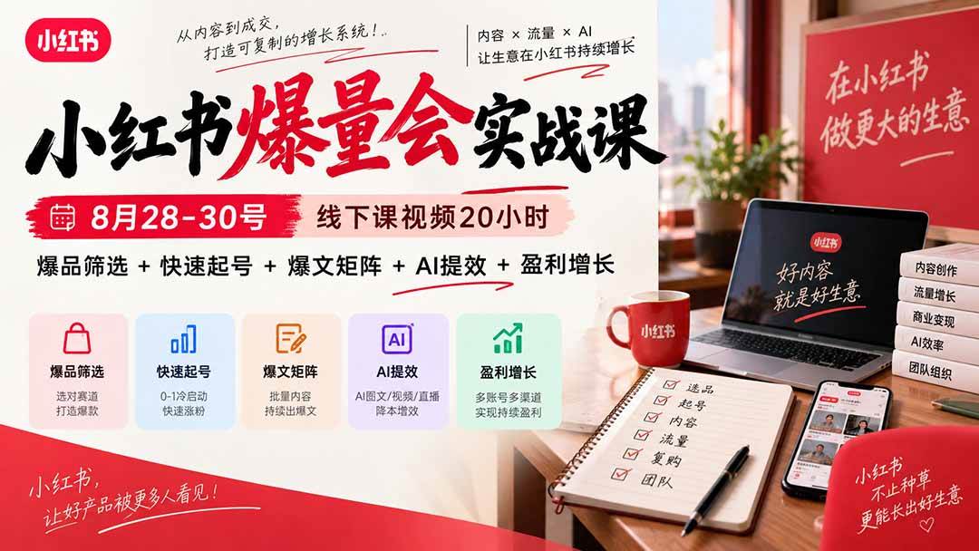 (20359期)小红书爆量会实战课:8月28-30号线下课视频20小时,爆品筛选+快速起号+爆文矩阵+AI提效+盈利增长-优优云网创-中创网