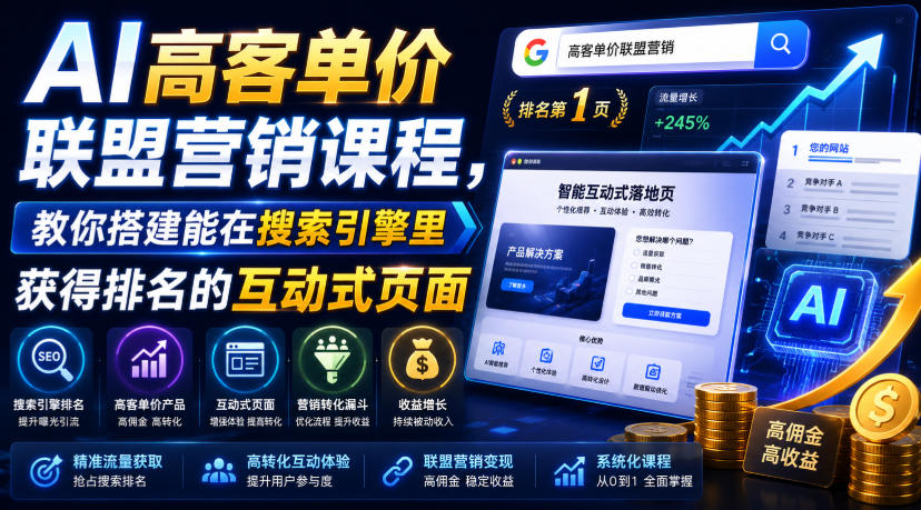 AI高客单价联盟营销课程,教你搭建能在搜索引擎里获得排名的互动式页面,引来流量,把访客转化为高佣金的成交【原创双语字幕】