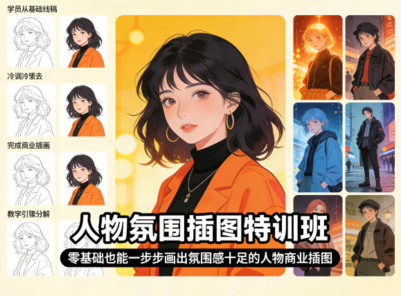 人物氛围插图特训班,零基础也能一步步画出氛围感十足的人物商业插图-优优云网创