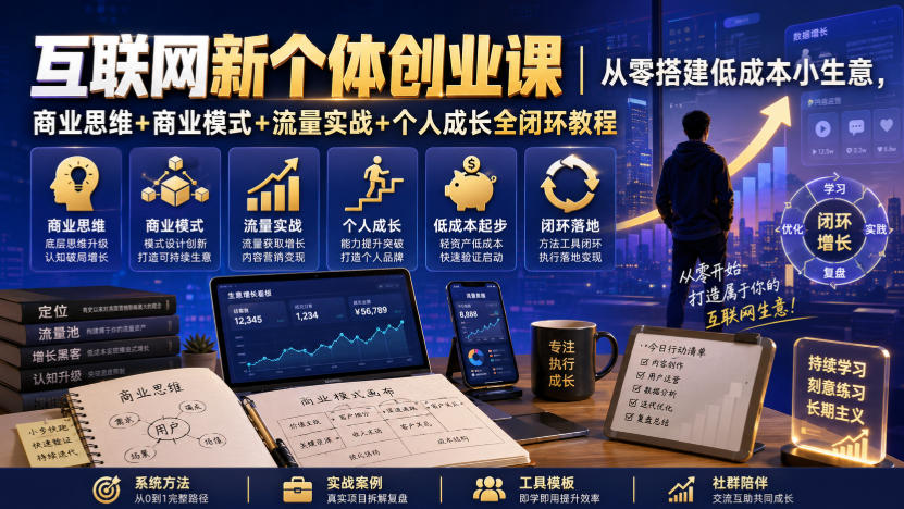 互联网新个体创业课|从零搭建低成本小生意,商业思维+商业模式+流量实战+个人成长全闭环教程-优优云网创