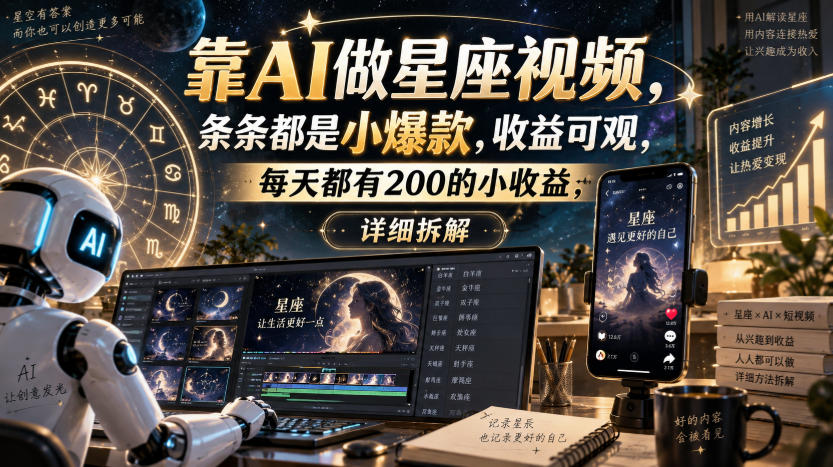 靠AI做星座视频，条条都是小爆款，收益可观，每天都有200的小收益，详细拆解-优优云网创-中创网