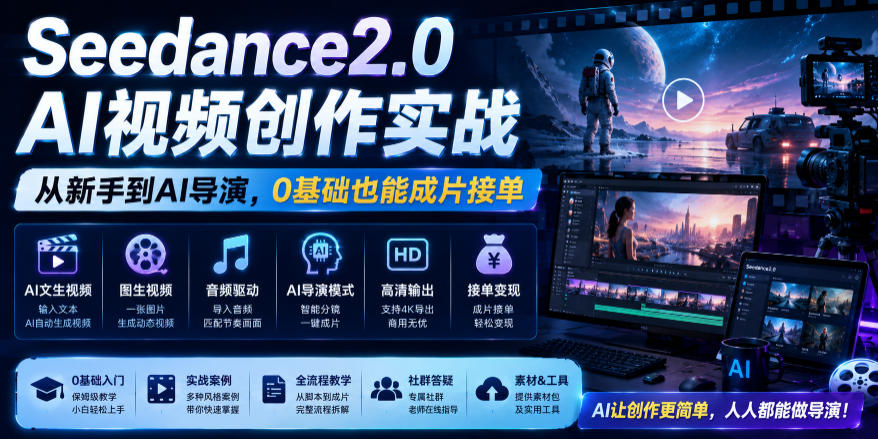 Seedance2.0 AI视频创作实战,从新手到AI导演,0基础也能成片接单变现-优优云网创