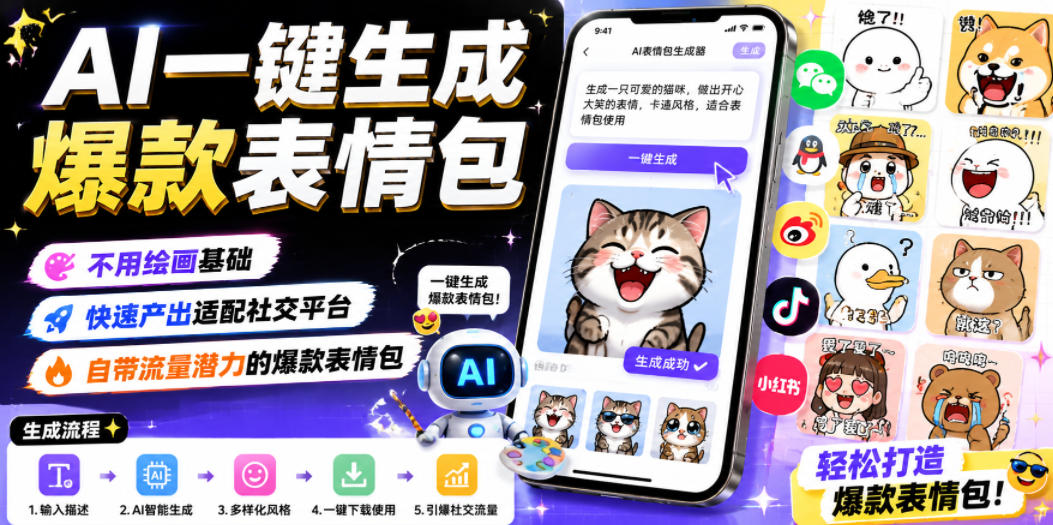 AI一键生成爆款表情包,不用绘画基础,快速产出适配社交平台,自带流量潜力的爆款表情包-优优云网创
