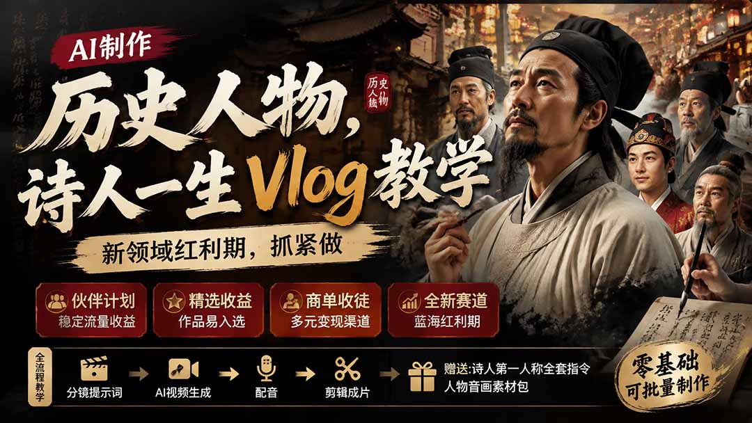 历史人物，诗人一生Vlog教学， AI制作丨伙伴计划丨精选收益丨商单收徒 ，新领域红利期，抓紧做-优优云网创