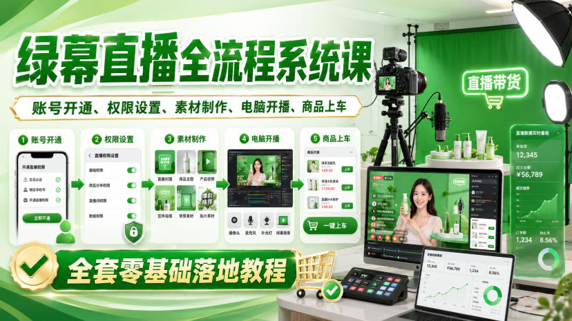 绿幕直播全流程系统课,账号开通、权限设置、素材制作、电脑开播、商品上车全套零基础落地教程-优优云网创-中创网