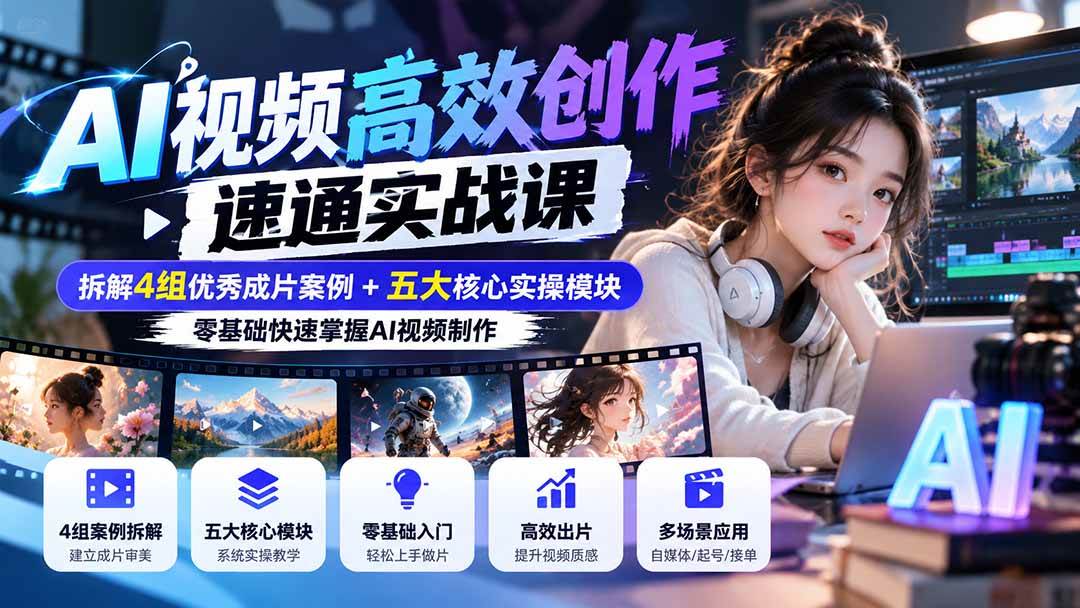 (20819期)【无水印】AI视频高效创作速通实战课:拆解4组优秀成片案例+五大核心实操模块,零基础快速掌握AI视频制作-优优云网创-中创网
