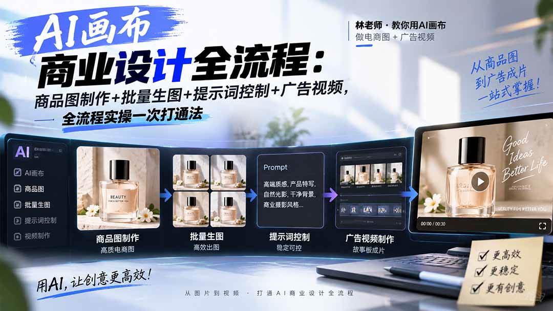 （20576期）AI画布商业设计全流程：商品图制作+批量生图+提示词控制+广告视频，全流程实操一次打通法-优优云网创-中创网