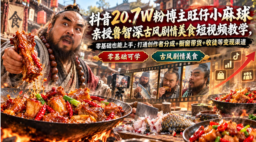 抖音20.7W粉博主旺仔小麻球亲授鲁智深古风剧情美食短视频教学,零基础也能上手,打通创作者分成+橱窗带货+收徒等变现渠道-优优云网创-中创网