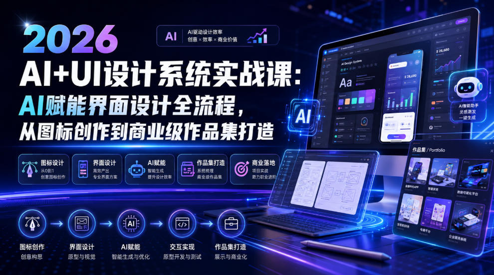 2026 AI+UI设计系统实战课:AI赋能界面设计全流程,从图标创作到商业级作品集打造-优优云网创