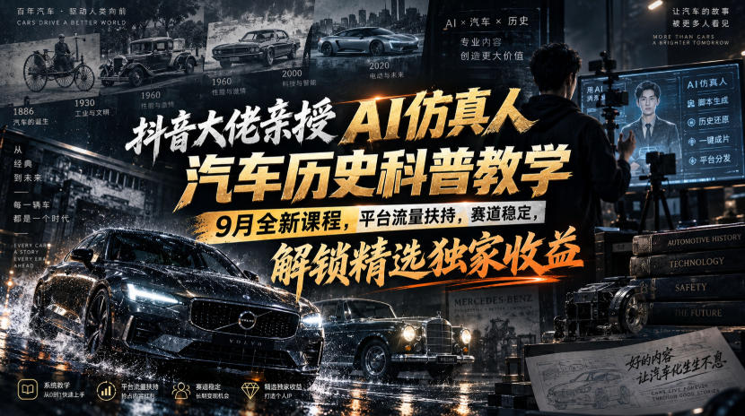 抖音大佬亲授AI仿真人汽车历史科普教学，9月全新课程，平台流量扶持，赛道稳定，解锁精选独家收益-优优云网创-中创网