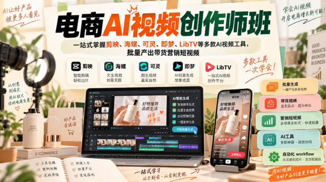 电商AI视频创作师班,一站式掌握剪映、海螺、可灵、即梦、LibTV等多款AI视频工具,批量产出带货营销短视频-优优云网创-中创网
