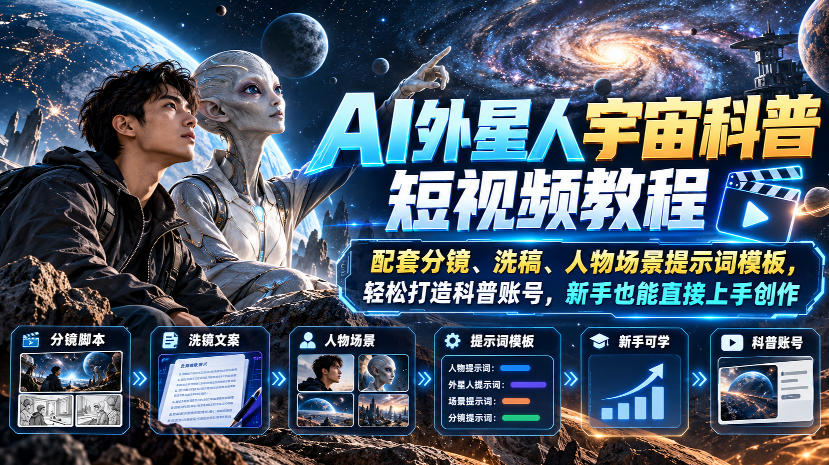 AI外星人宇宙科普短视频教程,配套分镜、洗稿、人物场景提示词模板,轻松打造科普账号,新手也能直接上手创作-优优云网创-中创网