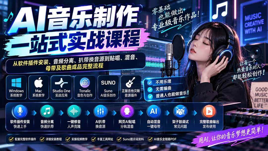（20490期）AI音乐制作一站式实战课程：从软件插件安装、音频分离、扒带换音源到贴唱、混音、母带及歌曲成品完整流程-优优云网创-中创网