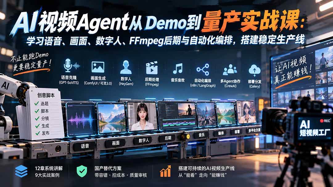 （20451期）AI视频Agent从Demo到量产实战课：学习语音、画面、数字人、FFmpeg后期与自动化编排，搭建稳定生产线-优优云网创-中创网