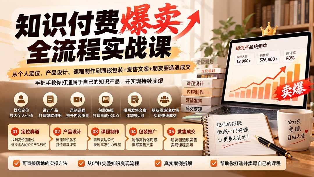 (20787期)【无水印】知识付费爆卖全流程实战课:从个人定位、产品设计、课程制作到海报包装+发售文案+朋友圈造浪成交-优优云网创-中创网