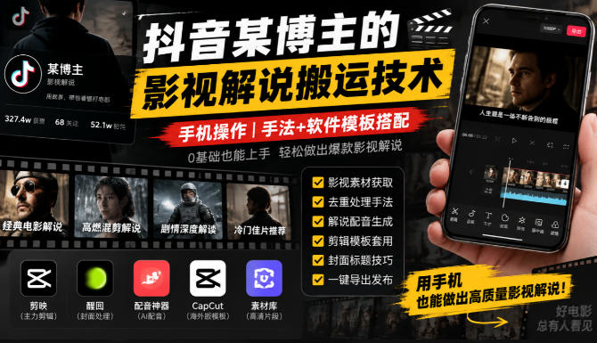 抖音某博主的影视解说搬运技术,手机操作,手法+软件模板搭配-优优云网创-中创网