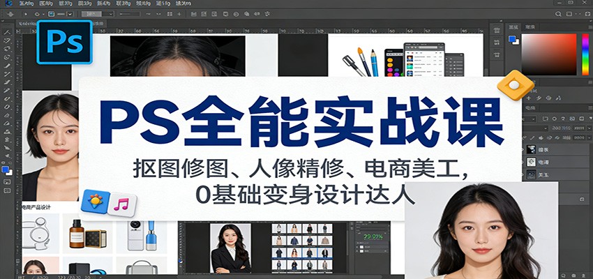 PS全能实战课:抠图修图、人像精修、电商美工,0基础变身设计达人-优优云网创