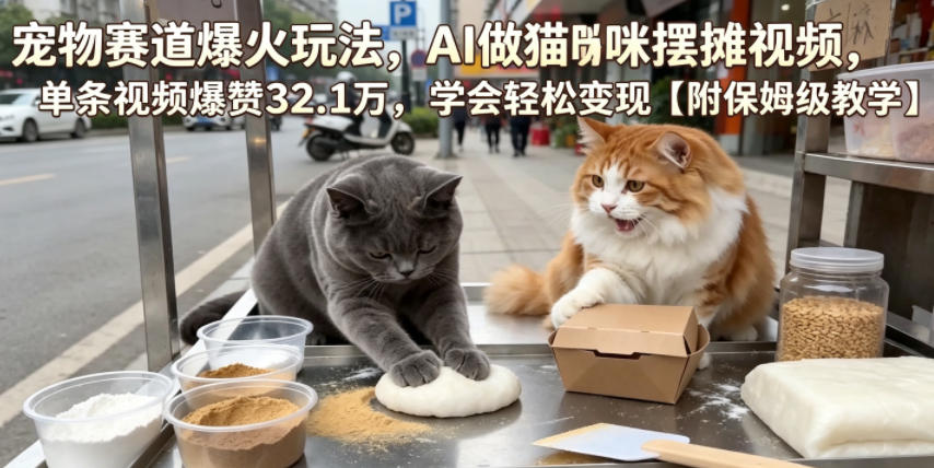 宠物赛道爆火玩法,AI做猫咪摆摊视频,单条视频爆赞32.1万,学会轻松变现【附保姆级教学】-优优云网创