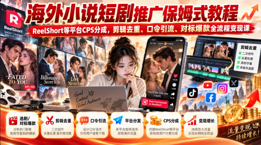 海外小说短剧推广保姆式教程｜ReelShort等平台CPS分成，剪辑去重、口令引流、对标爆款全流程变现课-优优云网创-中创网