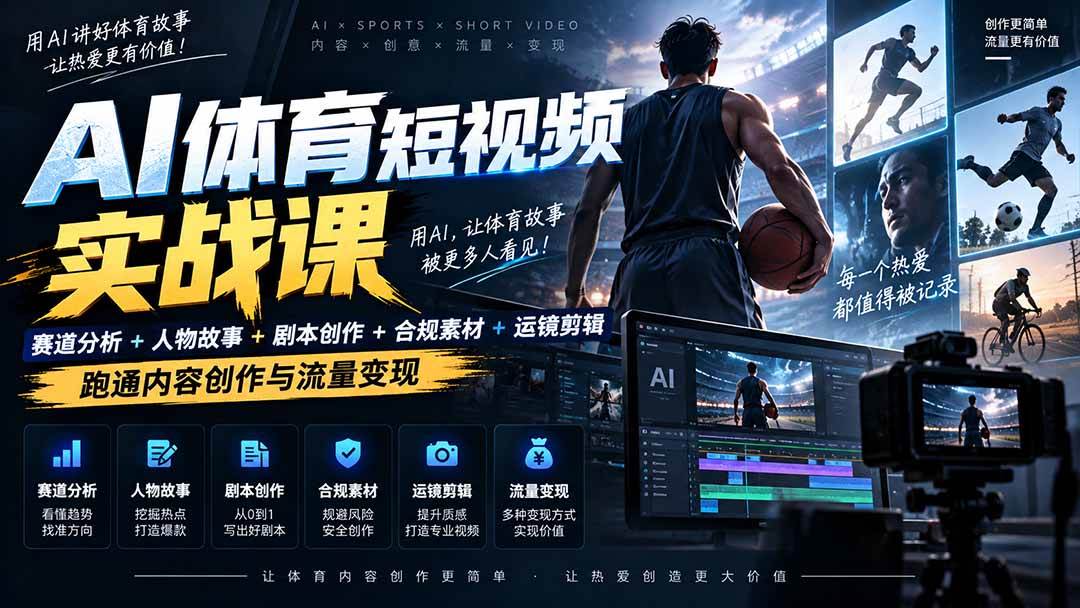 (20515期)AI体育短视频赛道顶级玩法|赛道分析+人物故事+剧本创作+版权处理+运镜剪辑,跑通流量变现-日赚1K+-优优云网创-中创网