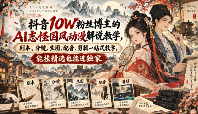 抖音10W粉丝博主的AI志怪国风动漫解说教学,剧本、分镜、生图、配音、剪辑一站式教学,能挂精选也能进独家-优优云网创-中创网