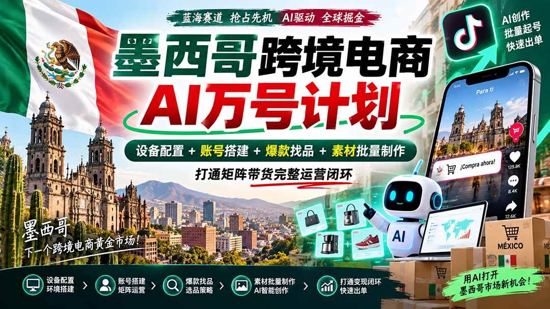 (20500期)墨西哥AI跨境电商万号计划|设备配置+账号搭建+爆款找品+素材批量制作,打通矩阵带货完整运营闭环 (20500期)墨西哥AI跨境电商万号计划|设备配置+账号搭建+爆款找品+素材批量制作,打通矩阵带货完整运营闭环